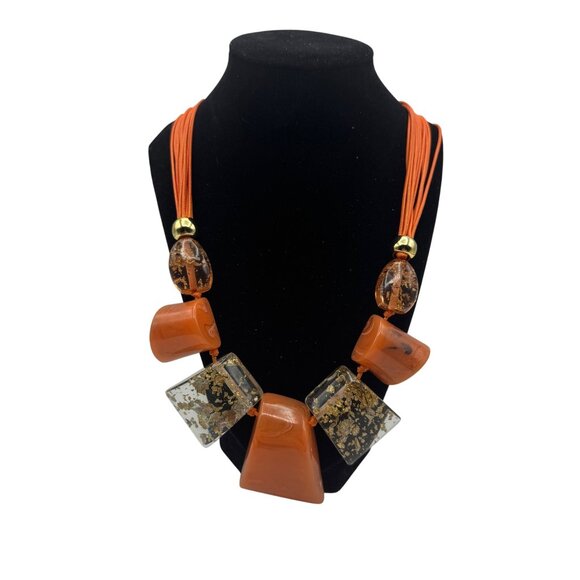 Chunky Orange Geometric Resin Bead Statement Necklace Adjustable Cord Gold Finis - Picture 1 of 3